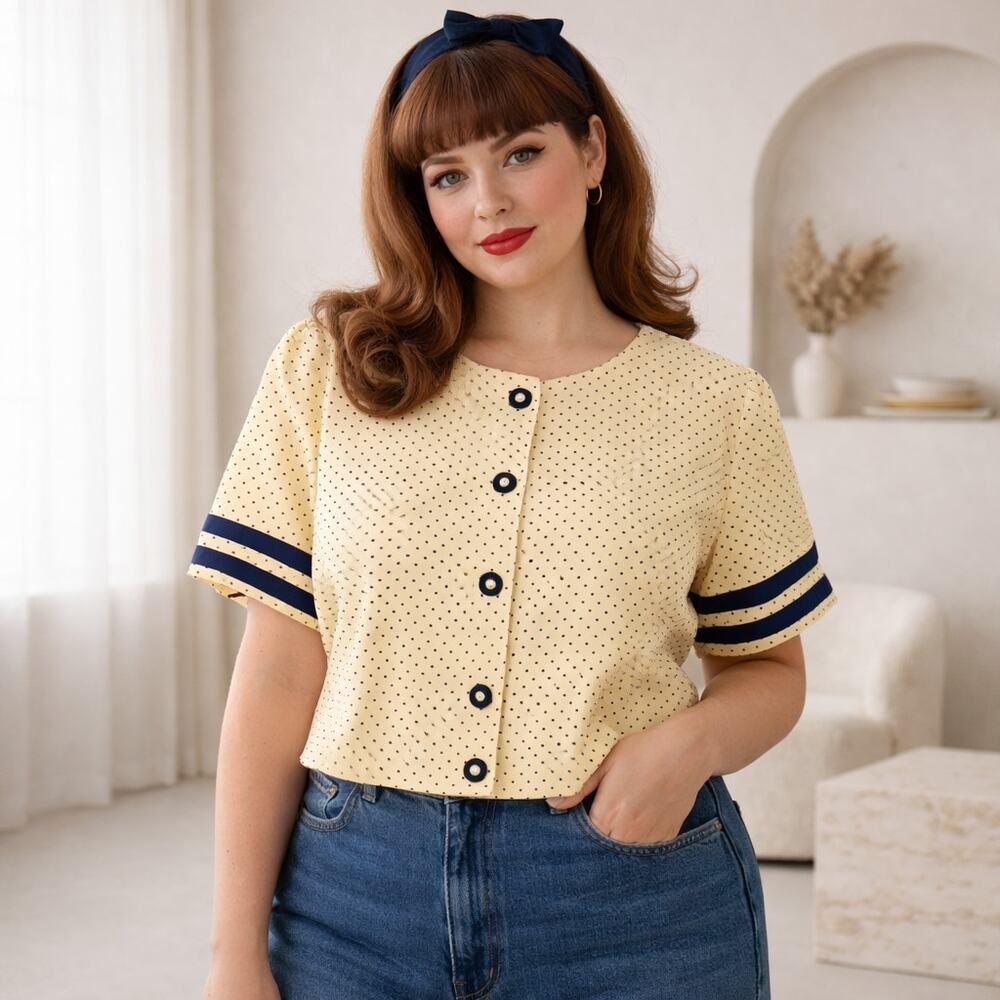Vintage Yellow Polka Dot Blouse Navy Trim Retro 80s 90s Kari’s Korner L/XL 22